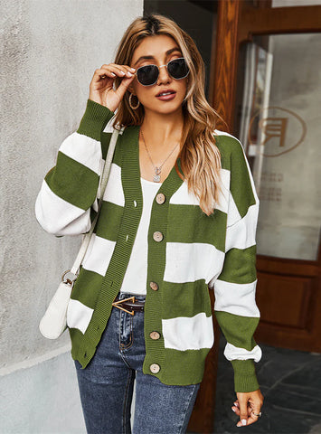 WOMEN LONG SLEEVE STRIPED CARDIGAN SWEATER