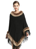 FOX LIKE FUR COLLAR FRINGED PULLOVER KNITTED CAPE SHAWL