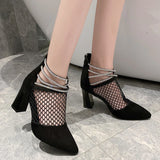 MESH POINTED THICK HEEL HOLLOW HIGH HEEL COOL BOOTS