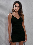 DRAWSTRING SATIN V-NECK PLEATED SATIN SLING DRESS