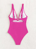 V-NECK METAL RING ONE-PIECE HOLLOW SOLID COLOR SWIMSUIT