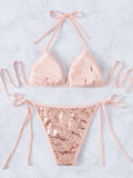 SEXY SOLID COLOR SEQUINS STRAP BIKINI