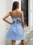 PLAID COTTON KINKED V-NECK SLING DRESS