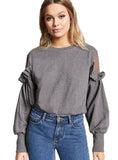 SOLID DARK GREY WOMEN CASUAL SWEATSHIRT MESH