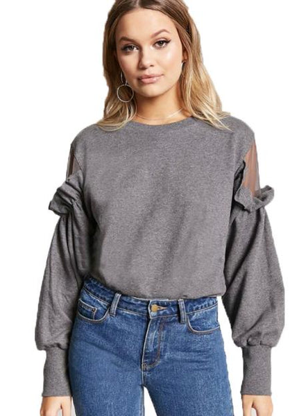 SOLID DARK GREY WOMEN CASUAL SWEATSHIRT MESH