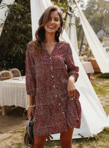 PRINT ABOVE KNEE MINI V-NECK THREE QUARTER SLEEVE DRESS