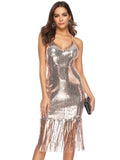 STRAP BACKLESS FRINGED SEQUINED DRESS