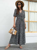 V-NECK PRINTED BUBBLE SLEEVE DRESS