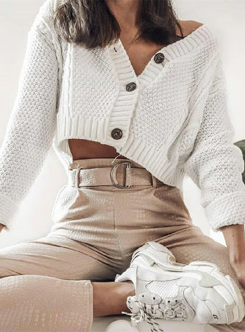 WOMEN CROPPED CARDIGAN SWEATER FALL KNITWEAR