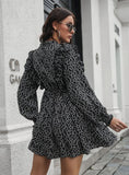 RUFFLED WOOD EAR COLLAR LONG SLEEVE PRINTED DRESS