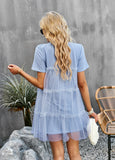 MESH STITCHING ROUND NECK SOLID COLOR DRESS