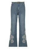EMBROIDERED FLOWER RAW EDGES JEANS
