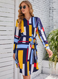 LARGE SIZE COLLAR COLOR BLOCK BELT DESIGN DRESS