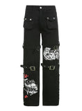 PRINTED SLIT POCKETS STRAIGHT PANTS JEANS