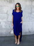 WOMEN'S POCKET LONG DRESS SHORT SLEEVE SPLIT MAXI DRESSES