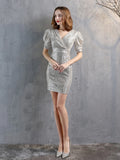 V-NECK SHORT SLEEVE SEQUINS PARTY DRESS