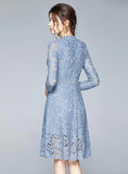 BLUE 3/4 SLEEVE COLLAR OPENWORK LACE DRESS