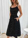 WOMEN BOW BUTTON SLEEVELESS SPAGHETTI STRAP DRESS
