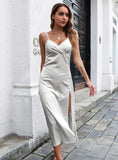SPLIT-BREASTED SATIN V-NECK SUSPENDER DRESS
