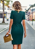 SOLID COLOR ROUND NECK SHORT SLEEVE DRESS
