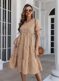 PLAID V-NECK SHORT SLEEVE DRESS
