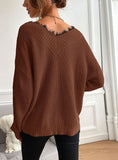 STITCHING LACE SOLID COLOR V-NECK KNITTED SWEATER