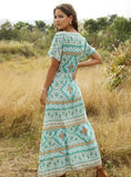 WOMEN PRINTED SHORT SLEEVE DEEP V-NECK MAXI DRESS