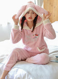 PINK HOODED LEOPARD FUR PAJAMAS WOMEN WINTER FLANNEL