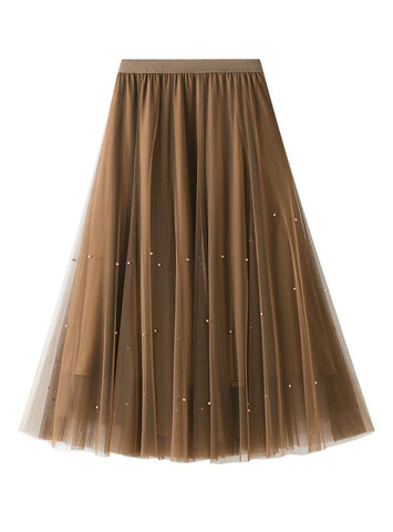 HIGH WAIST MESH BEADS LONG SKIRT