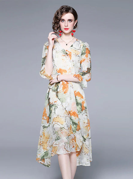 V-NECK CHIFFON PRINT LONG SLEEVE DRESS