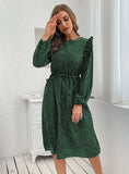 ROUND NECK LONG SLEEVE POLKA DOT DRESS