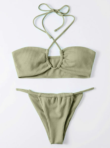 SPLIT SWIMSUIT POTHOLE NECK THONG BIKINI