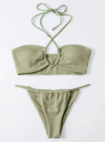 SPLIT SWIMSUIT POTHOLE NECK THONG BIKINI