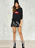 SEQUIN RED LIPS PRINT SWEATSHIRT CASUAL PREPPY O-NECK