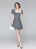 SQUARE COLLAR WAIST SLIM BUBBLE SLEEVE DRESS