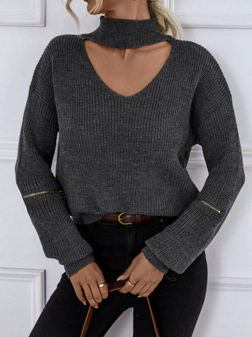 HIGH-NECKEDZIPPER LONG-SLEEVED SWEATER