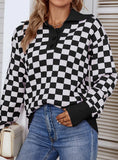 WOMEN CONTRAST CHECK POLO SWEATER