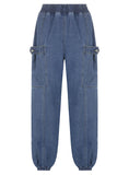 TIGHT WAIST WIDE LEG BUTTON PATCH LEG PANTS