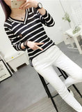 WOMEN'S V NECK STRIPED LONG SLEEVE T SHIRT