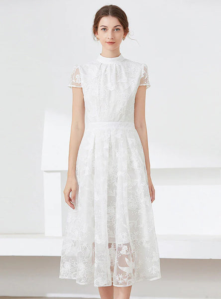 LACE EMBROIDERED SHORT SLEEVE HIGH NECK DRESS