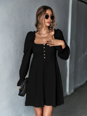 BUBBLE SLEEVE SQUARE NECK LONG SLEEVE DRESS