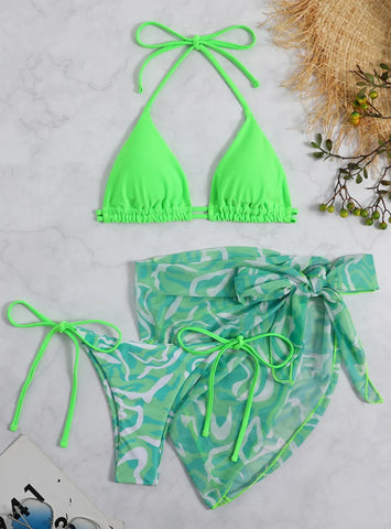 PRINTED DRAWSTRING THREE-PIECE SET BIKINI