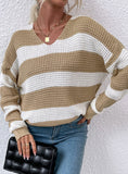 V-NECK STRIPED STITCHING WAFFLE SWEATER