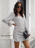 PLEATED V-NECK FLOUNCE PRINTED CHIFFON DRESS
