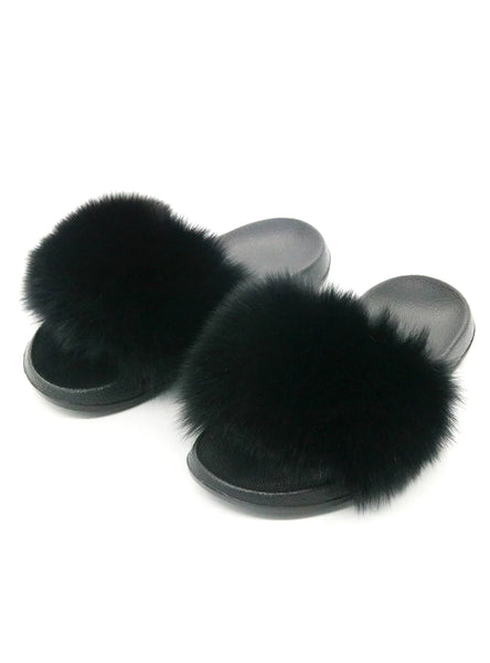 BLACK CASUAL RACCON FUR SANDALS FURRY FLUFFY PLUSH SHOES