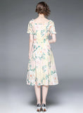 HOLLOW LACE EMBROIDERED WAIST PRINT DRESS