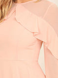 SOLID PINK SWEET RUFFLES A-LINE DRESS WOMEN CLOTHING