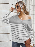 V-NECK STRIPED COLOR MATCHING SWEATER