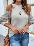 SOLID COLOR CROSS-NECK LANTERN SLEEVE SWEATER