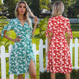 FLOWER IRREGULAR BOW SHORT SLEEVE DRESS